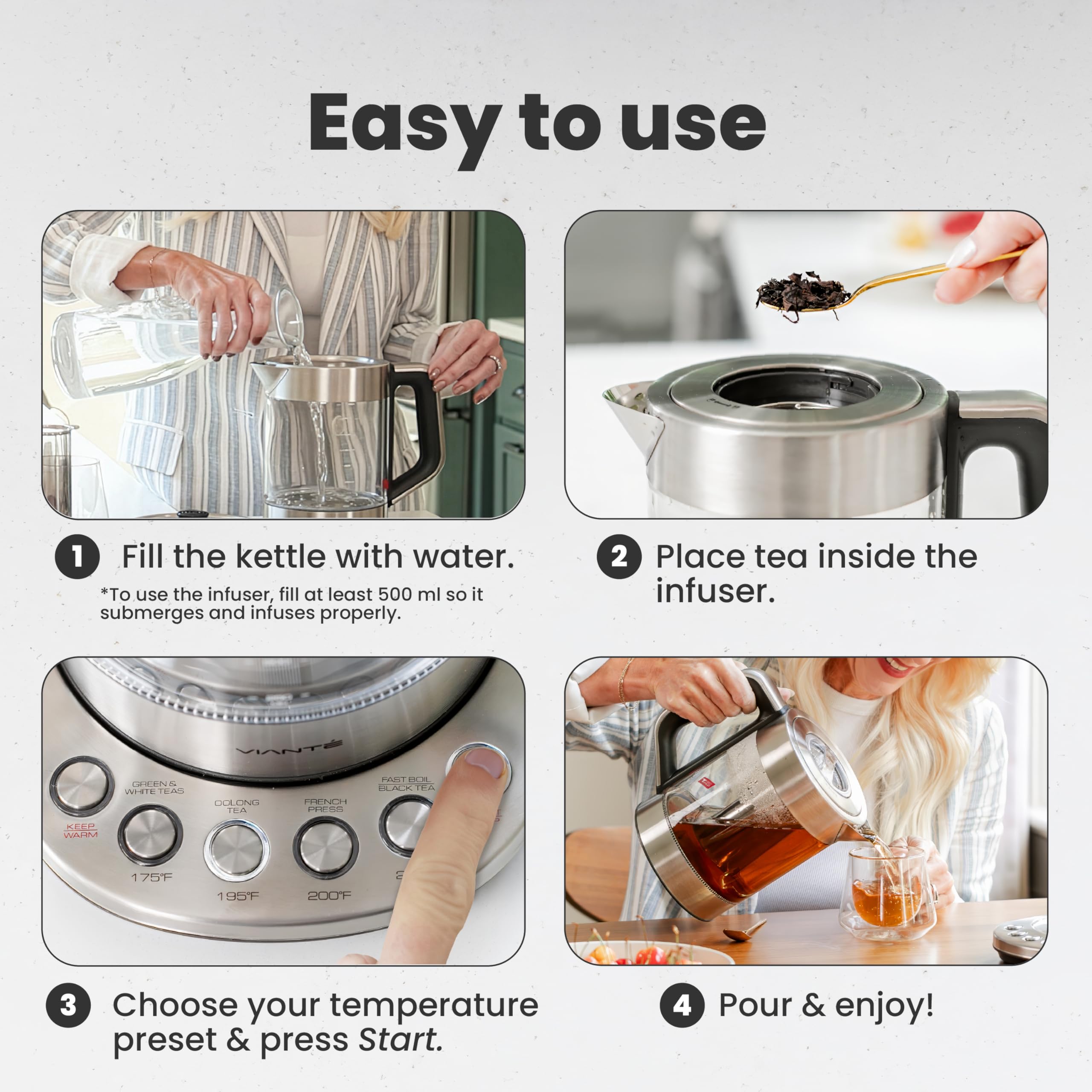 Vianté tetera eléctrica de 1.5 litros, ideal para reuniones en casa o la oficina.
