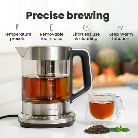Vianté tetera eléctrica con vidrio borosilicato, diseño elegante para la cocina.