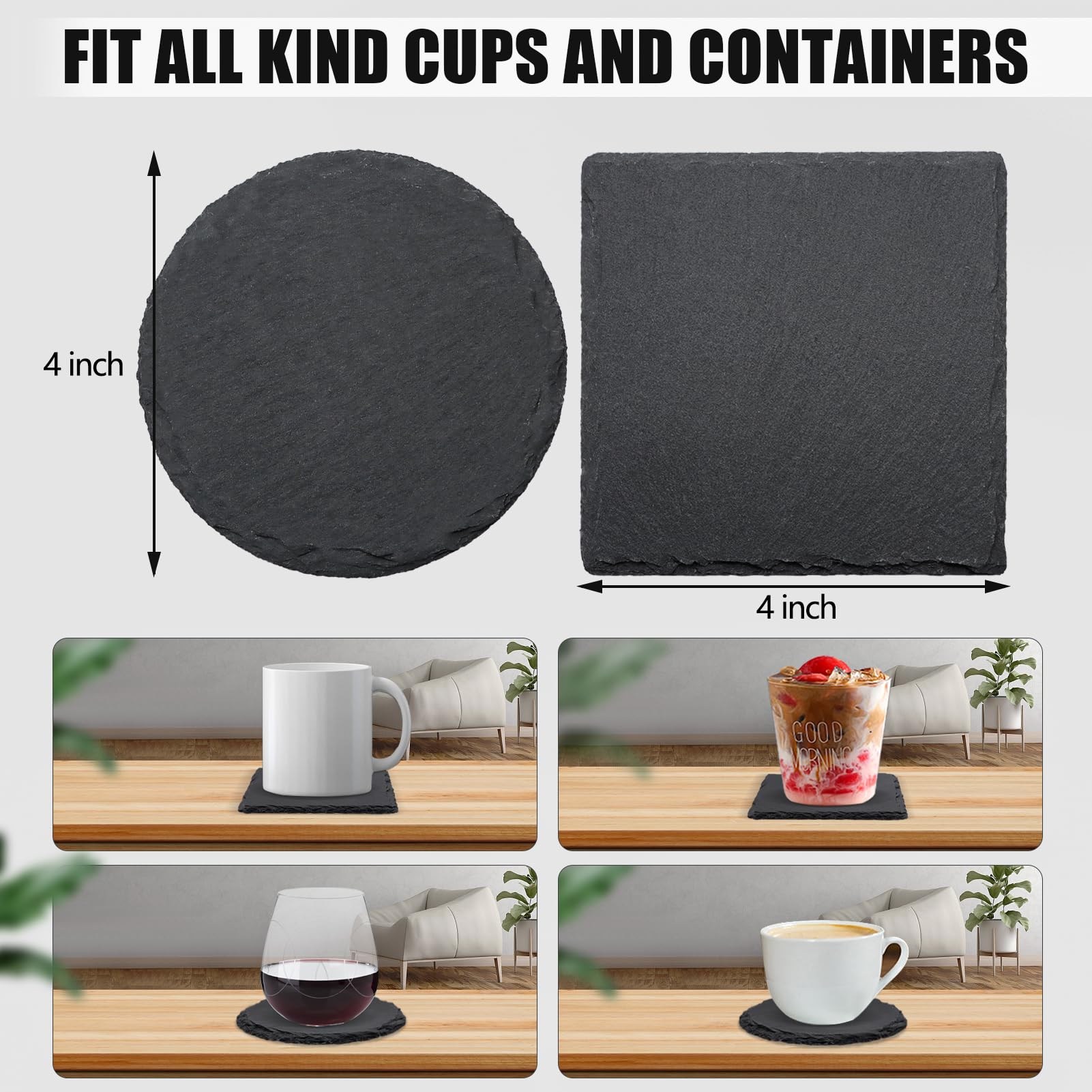 VIBRATITE posavasos de pizarra redondos 4p: ajuste estable para bebidas
