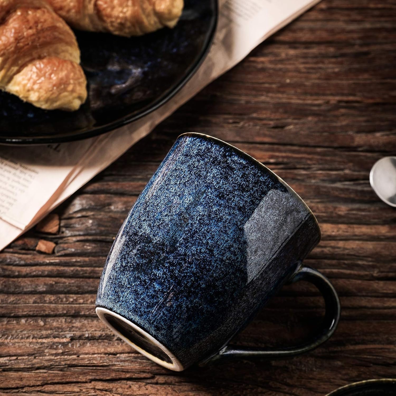 Vicrays tazas azul glaseado con asa trasera, diseño cómodo para té o café.