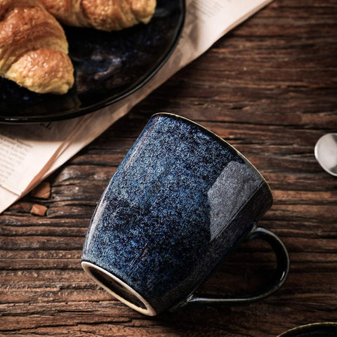 Vicrays tazas azul glaseado con asa trasera, diseño cómodo para té o café.
