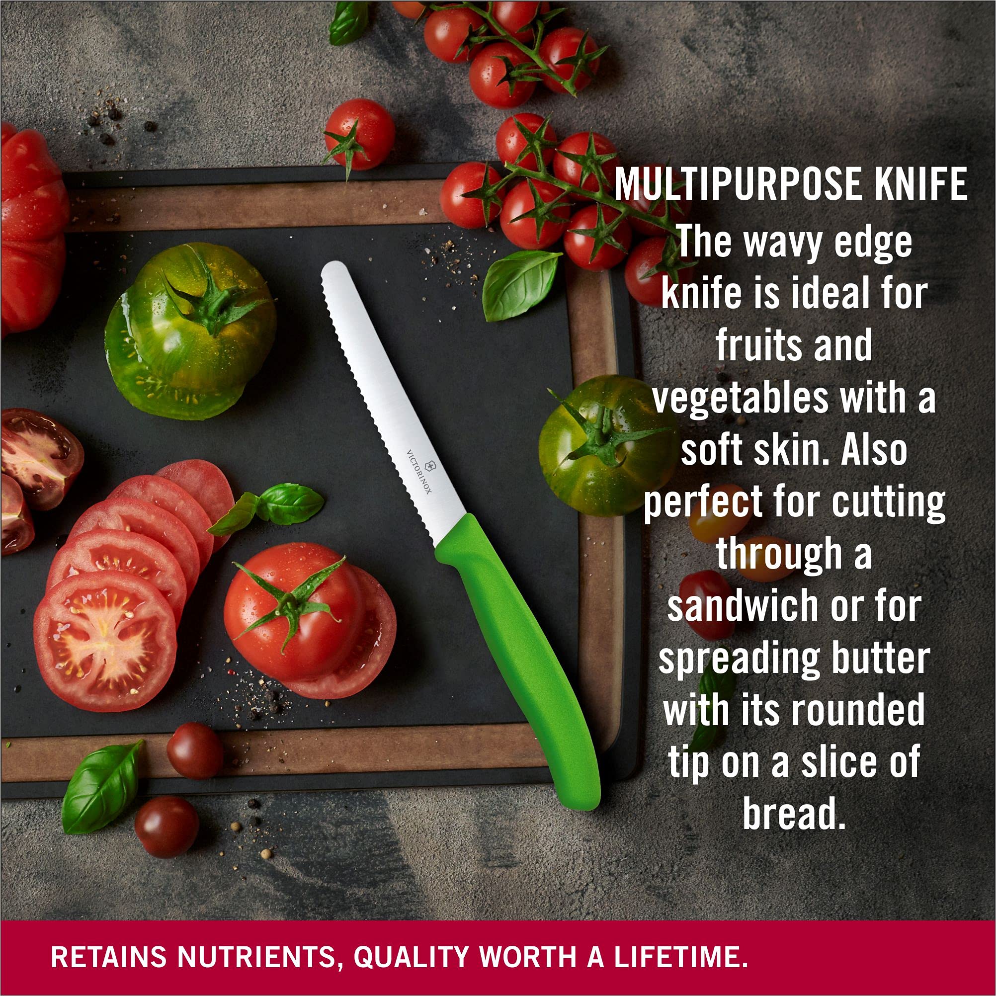 Victorinox Cuchillo de cocina para tomate, mango verde, diseño robusto para uso frecuente