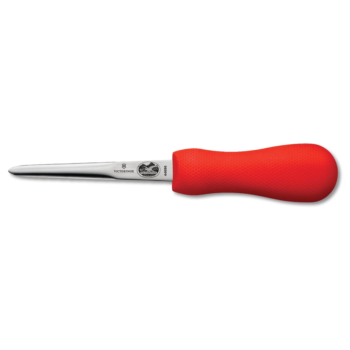 Victorinox Cuchillo de ostras de 4 pulgadas con hoja Boston y mango SuperGrip rojo para precisión.