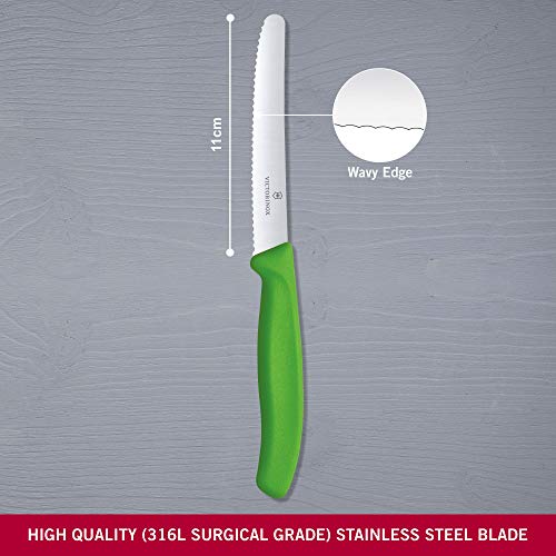 Victorinox Cuchillo para tomate, mango ergonómico verde, uso diario para cortar verduras con precisión