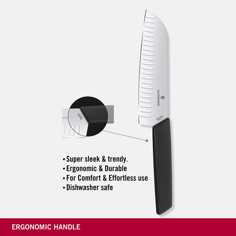 Victorinox Santoku, borde acanalado para reducir adherencia de alimentos para deslizamiento suave.