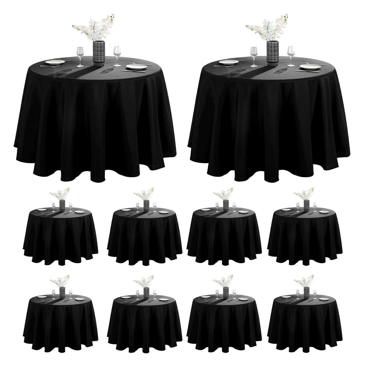 Vidafete mantel redondo 120 pulgadas negro listo para eventos elegantes.