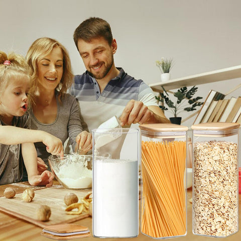 VIEWELLD jarra de harina en vidrio claro con tapa de bambú para dosificar y almacenar.