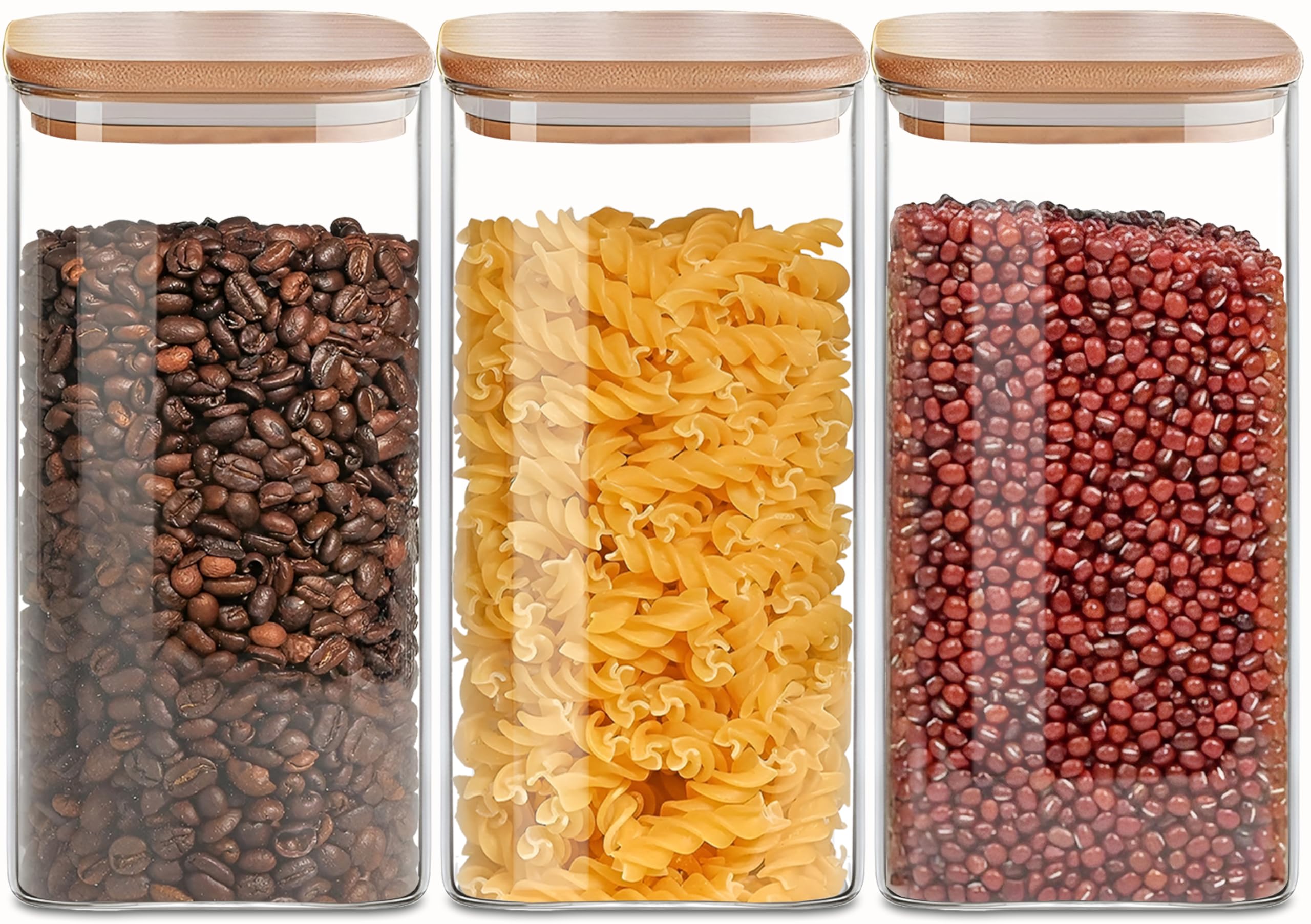VIEWELLD contenedores de vidrio cuadrados con tapas de bambú para almacenamiento ordenado.