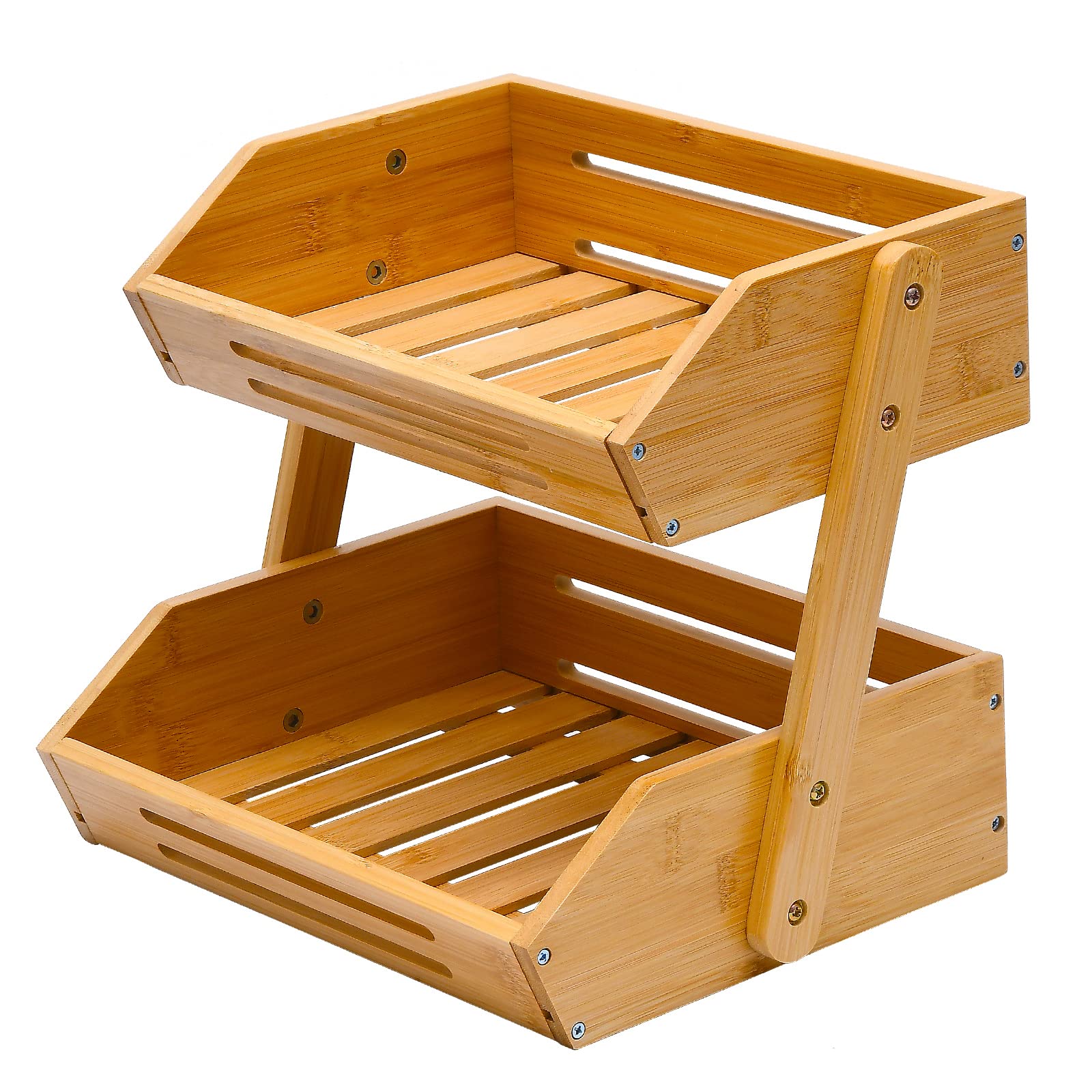 VIKEYHOME cesto de frutas de bambú de dos niveles con diseño vintage, ideal para encimera.