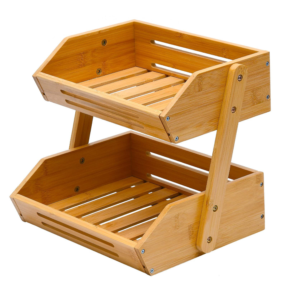 VIKEYHOME cesto de frutas de bambú de dos niveles con diseño vintage, ideal para encimera.