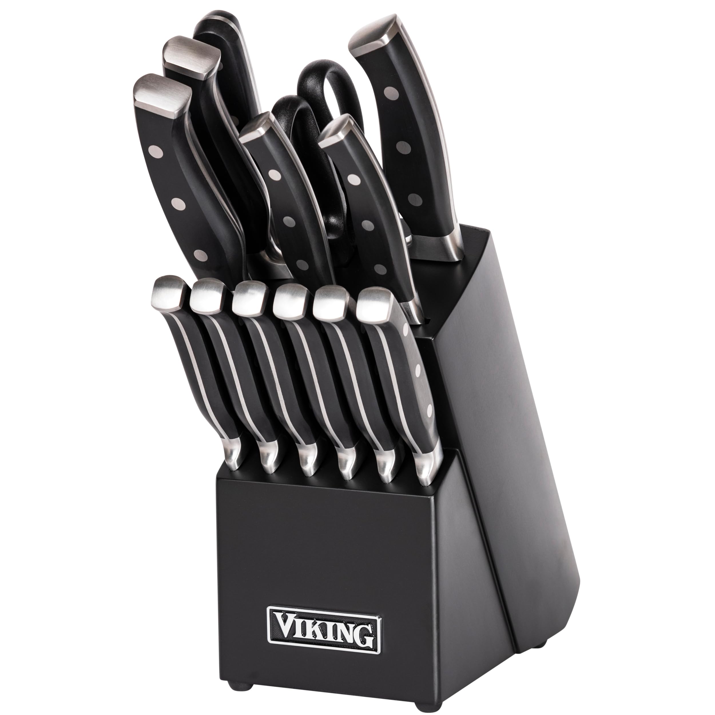 Viking: juego de cuchillos en bloque negro para almacenamiento y preparación eficiente.