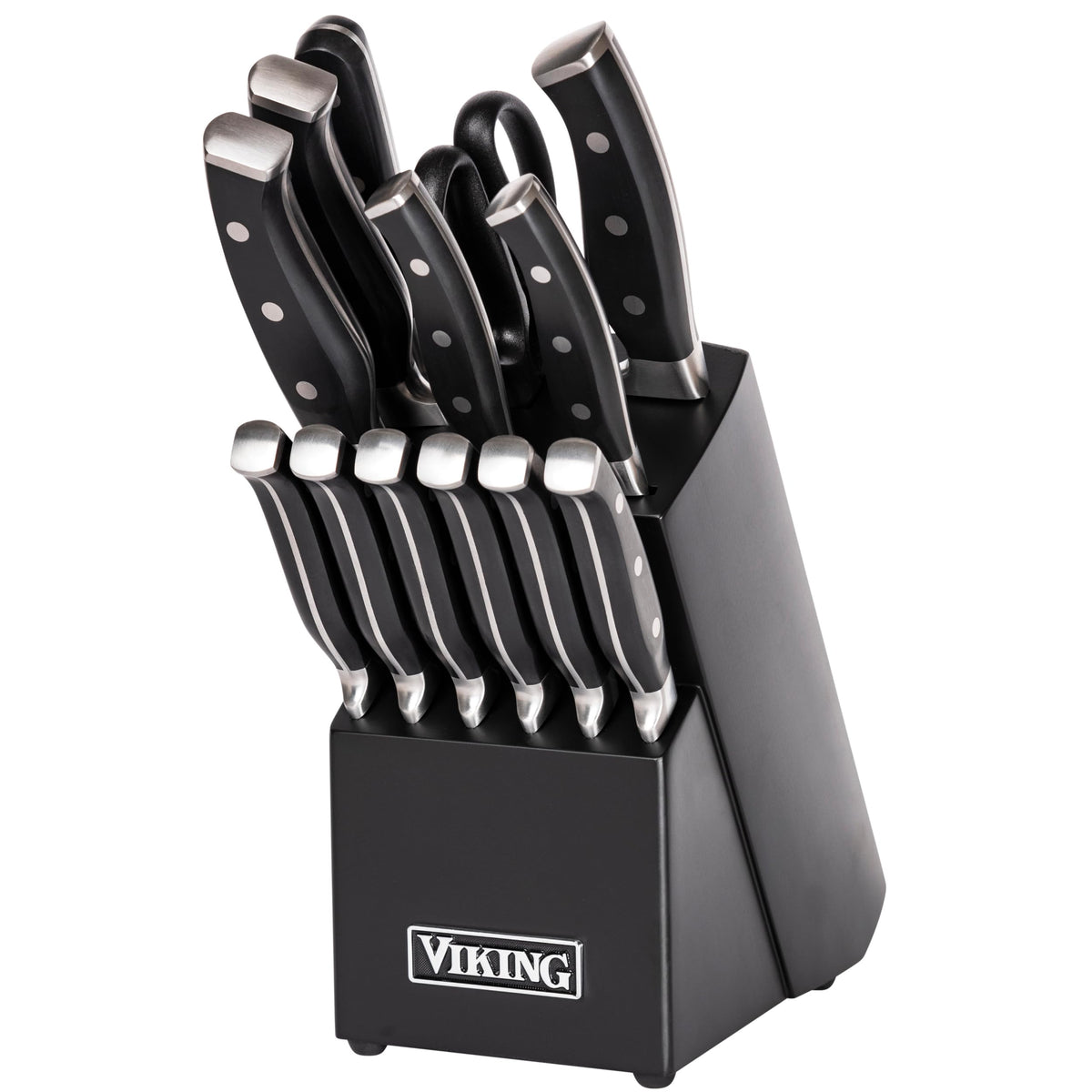 Viking: juego de cuchillos en bloque negro para almacenamiento y preparación eficiente.