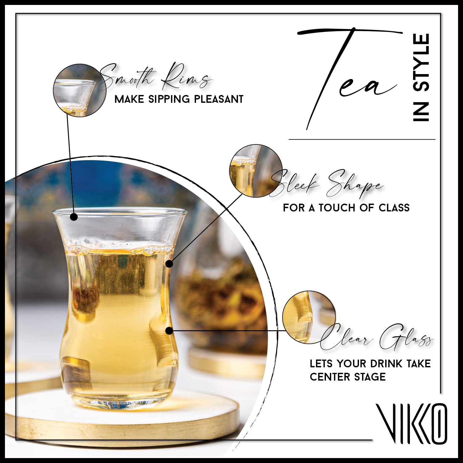 Vikko vasos de té turco de vidrio transparente permiten ver el color de la infusión.