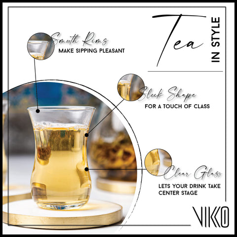 Vikko vasos de té turco de vidrio transparente permiten ver el color de la infusión.