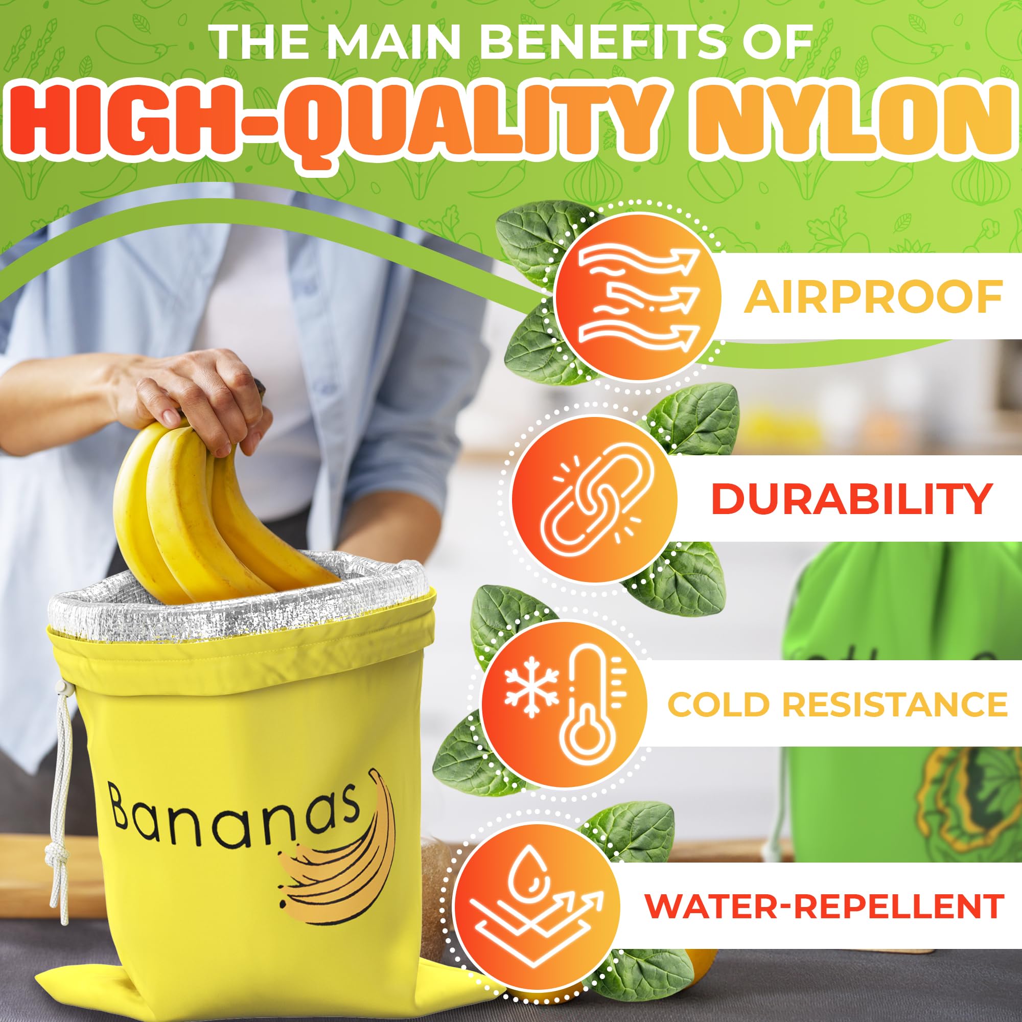 Diseño en amarillo y verde de VIKROM para organizar verduras y frutas en la nevera.