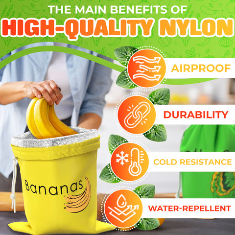 Diseño en amarillo y verde de VIKROM para organizar verduras y frutas en la nevera.