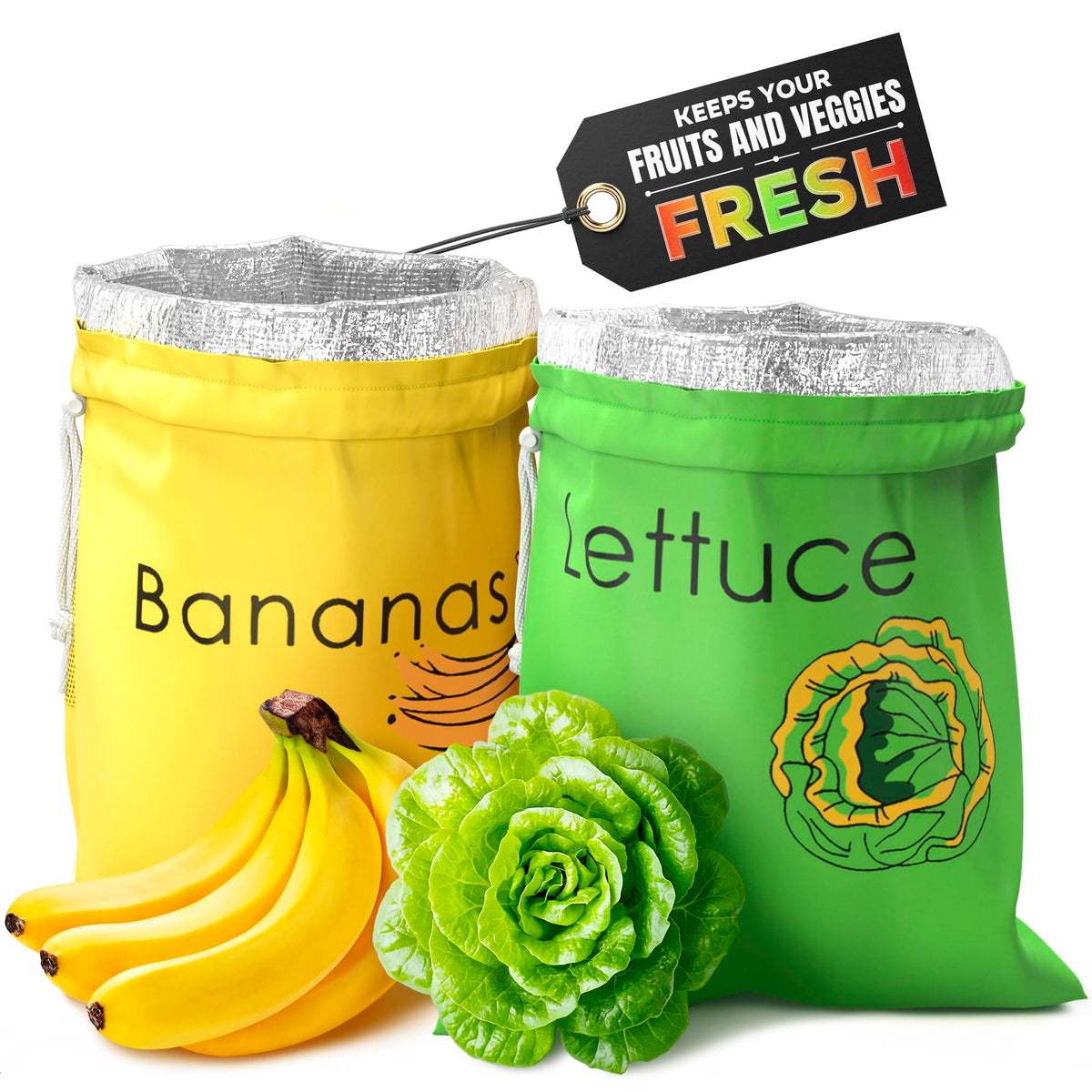 VIKROM bolsas reutilizables para plátanos y lechuga con forro de aluminio para frescura.