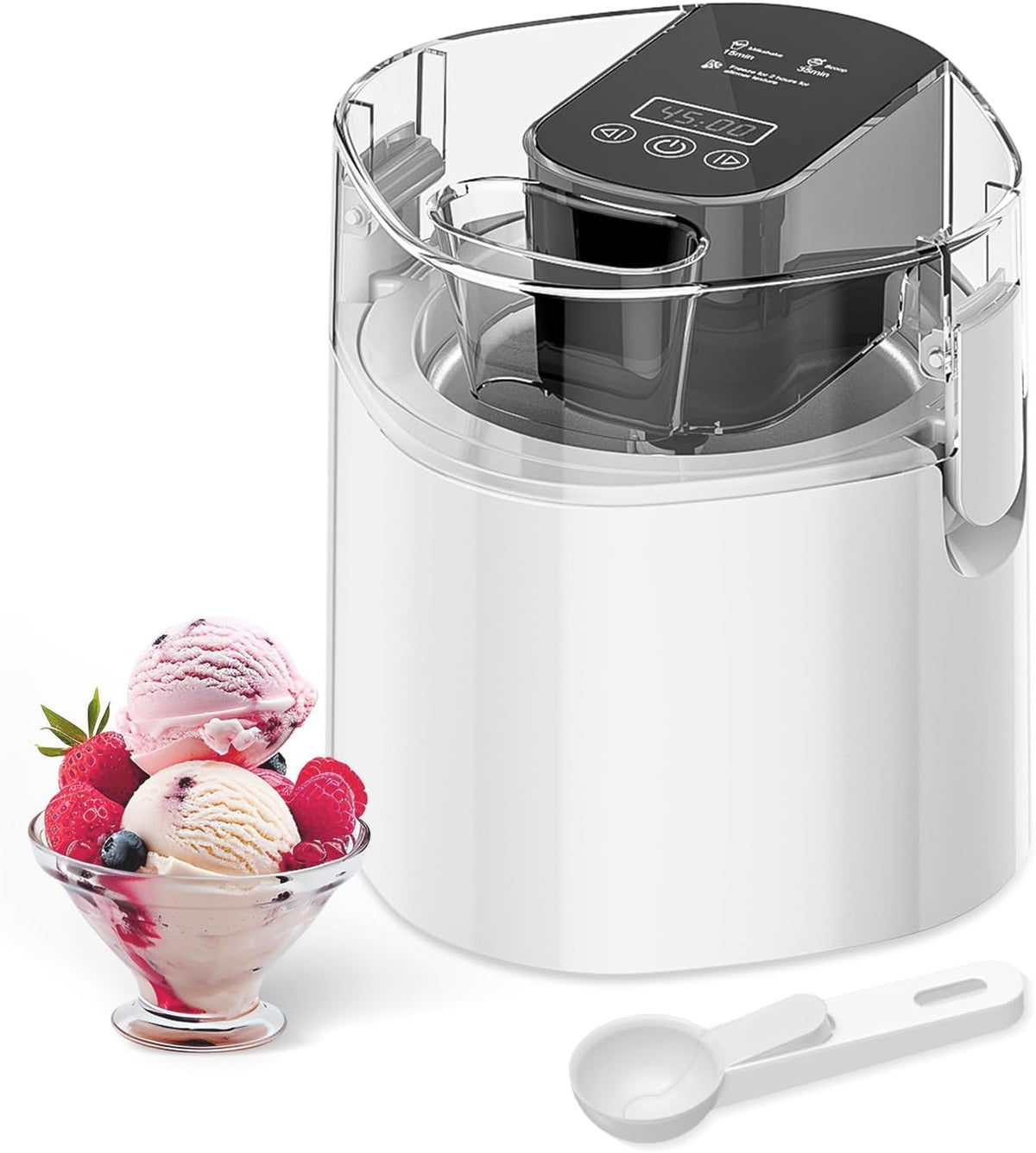 Vilupvie máquina de helados 1.5 Qt frente a la cocina, lista para postres caseros.