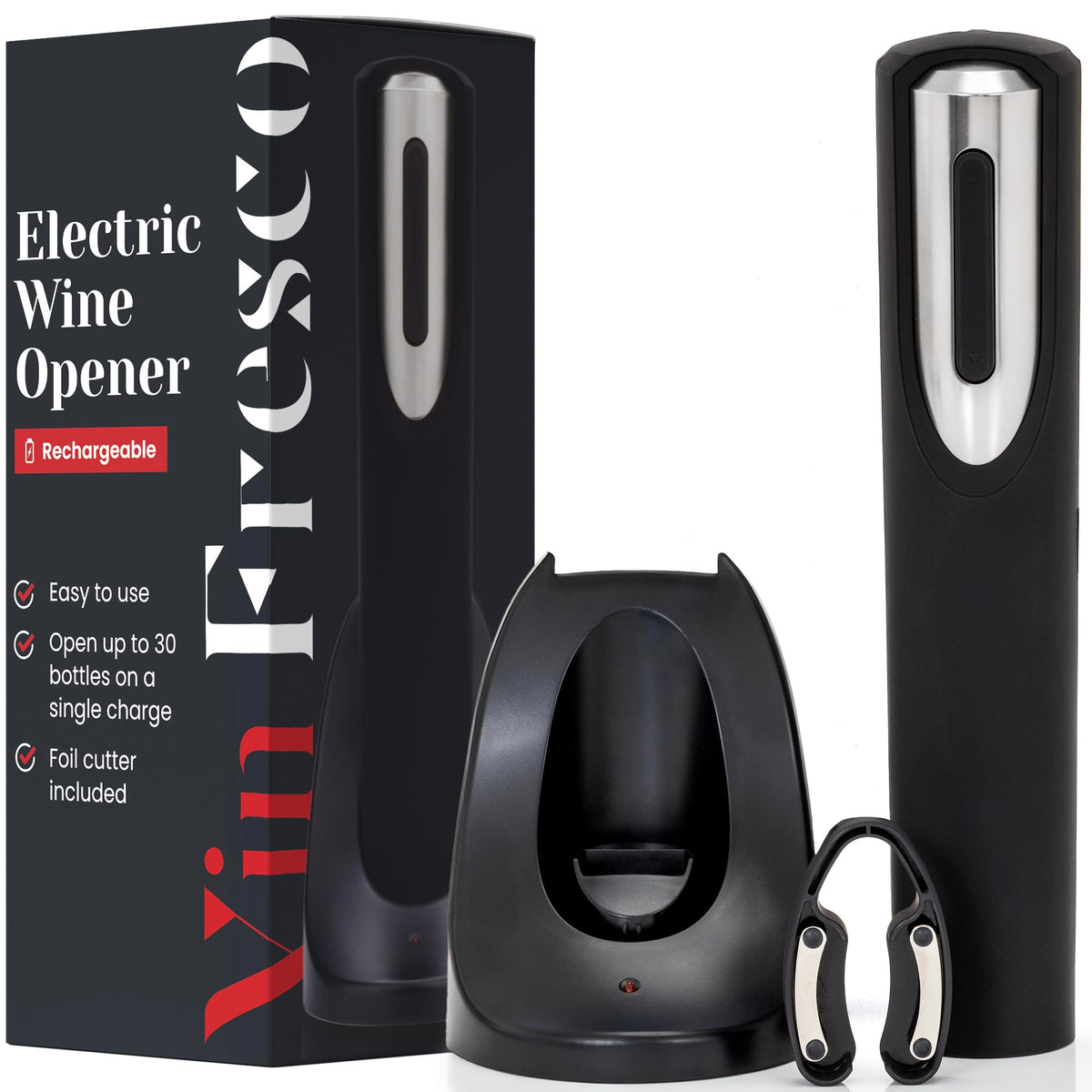 Vin Fresco abrebotellas eléctrico con base de carga, listo para abrir botellas sin esfuerzo.