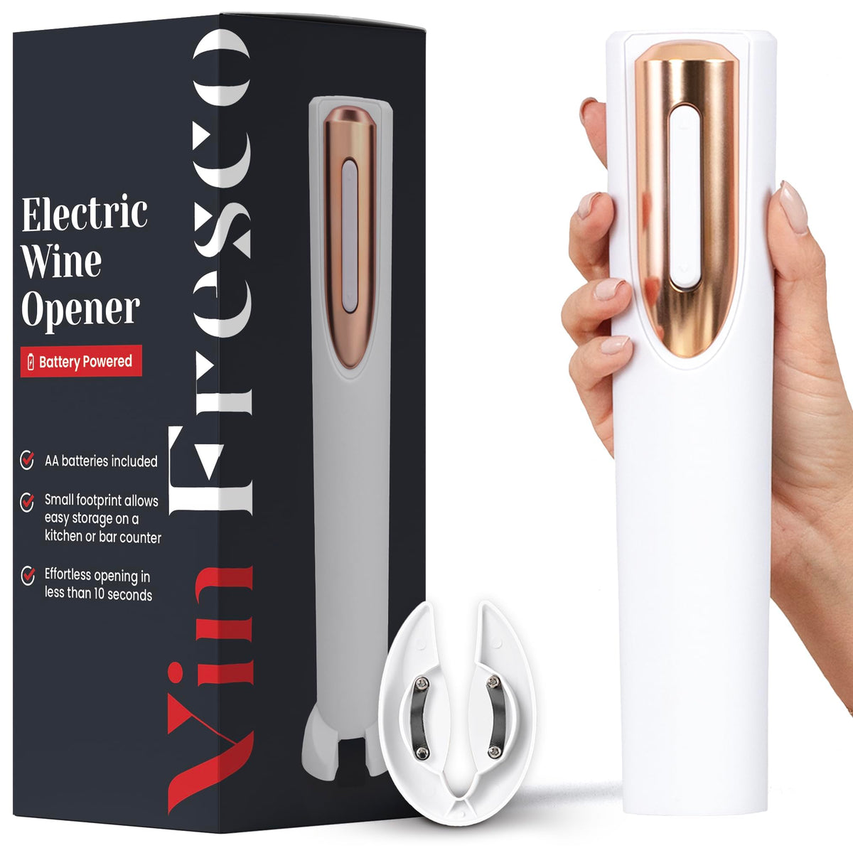 VIN FRESCO abrebotellas eléctrico con base, cómodo para fiestas y uso diario.