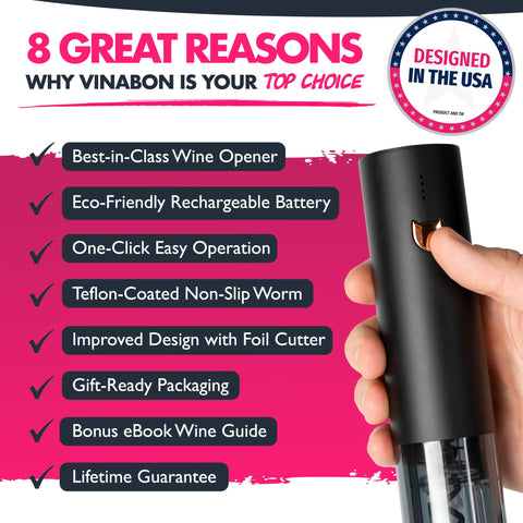 VINABON bateria recargable permite abrir hasta 100 botellas por carga, evitando cambios constantes.