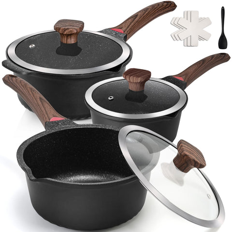Vinchef juego de sartenes con tapa 2qt-3qt-4qt, ideal para salsas y caldos.
