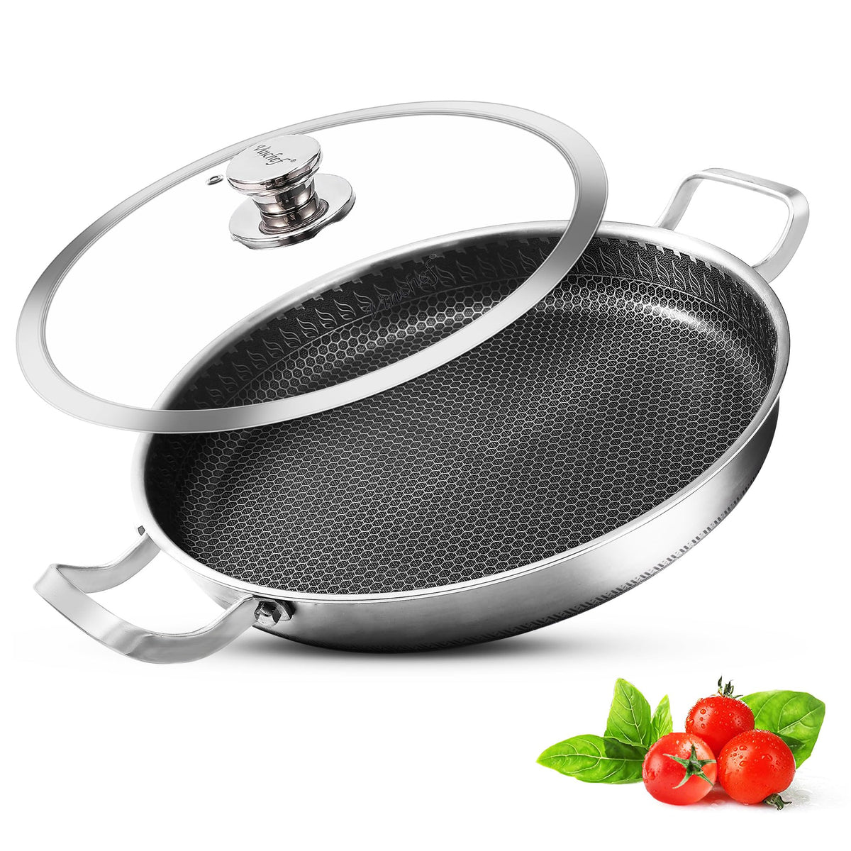Vinchef paella pan de 13 pulgadas con tapa para cocción uniforme