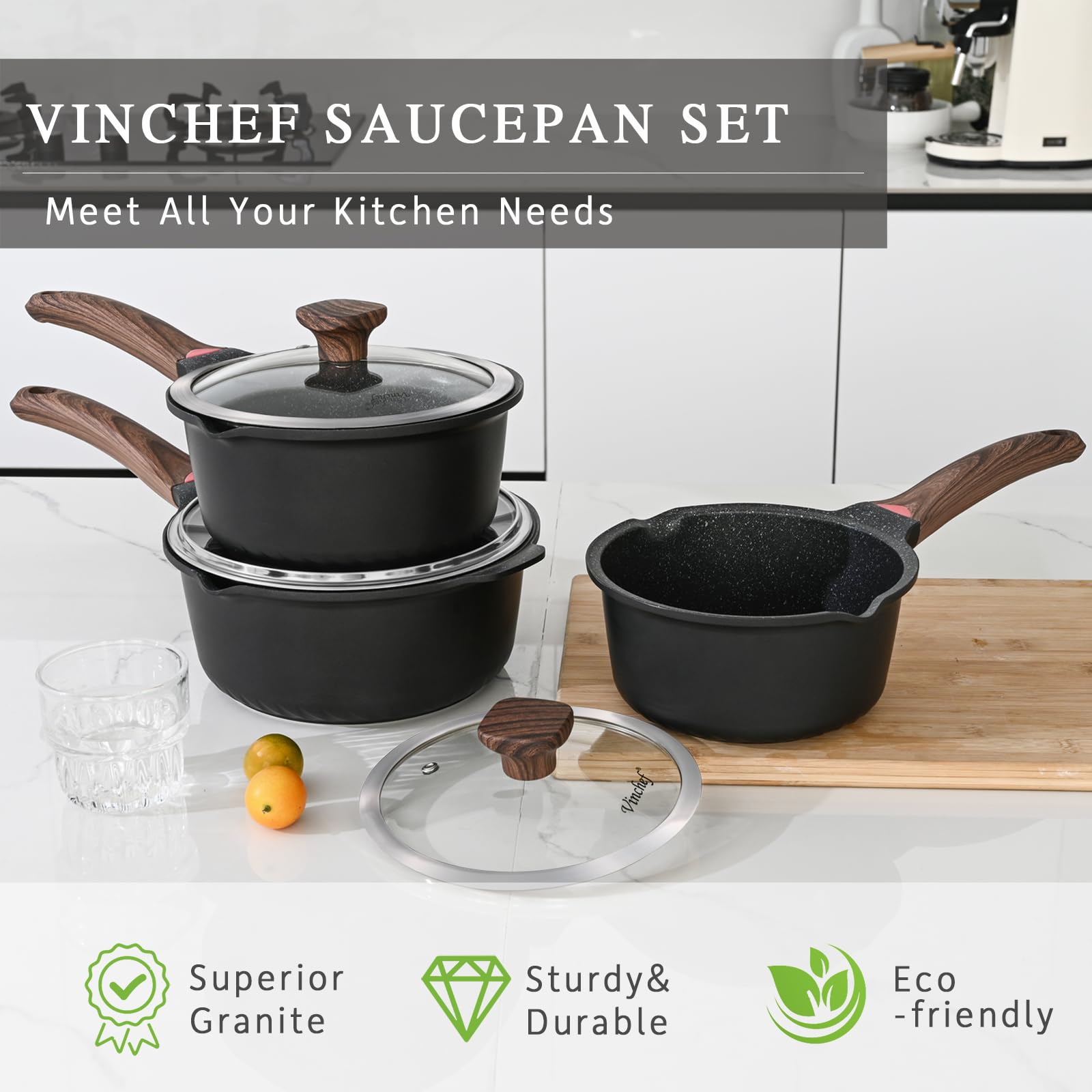 Vinchef sartén 2qt antiadherente de granito, cocina con menos aceite.