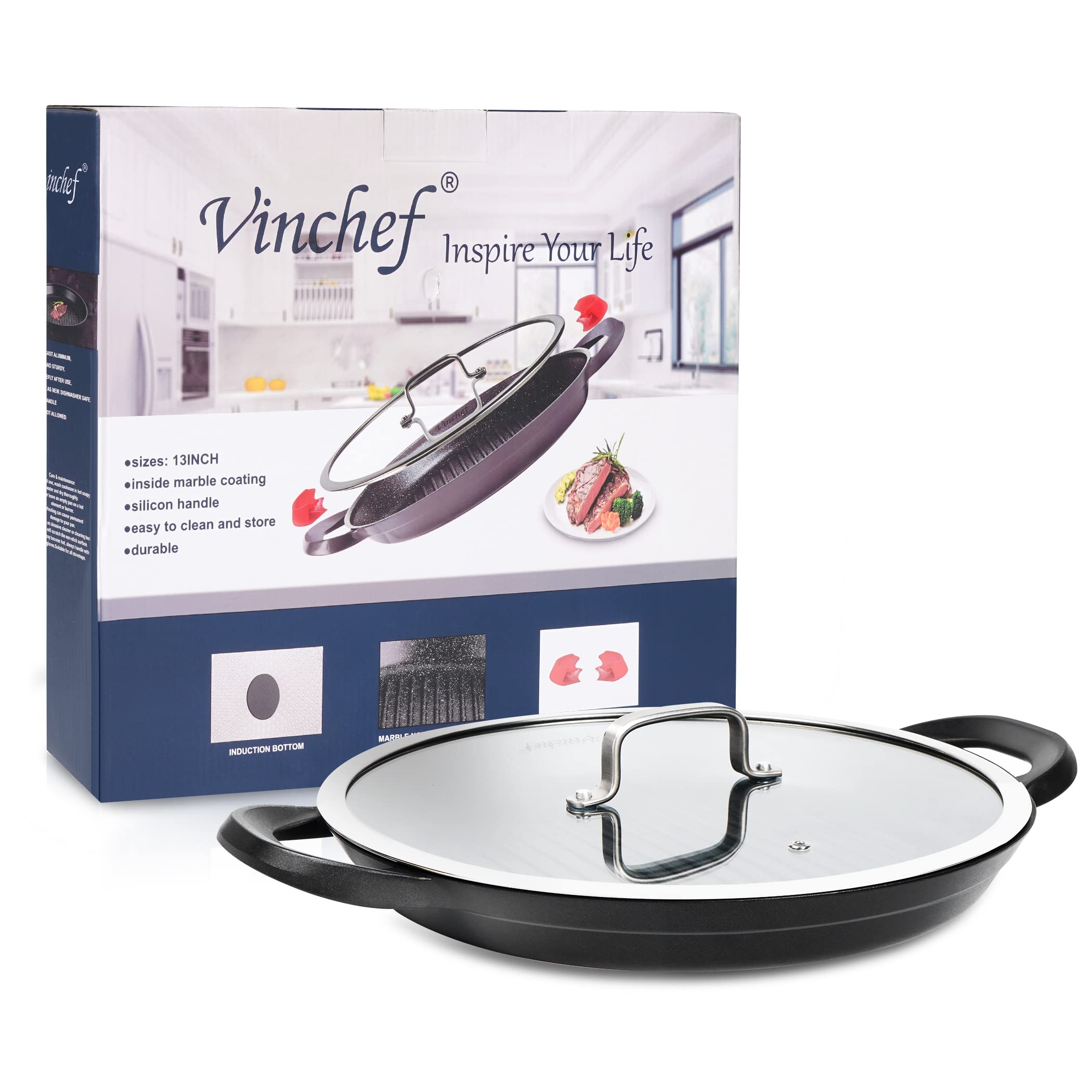 Vinchef sarten grill 13 pulgadas apta para horno, ideal para terminar platos.