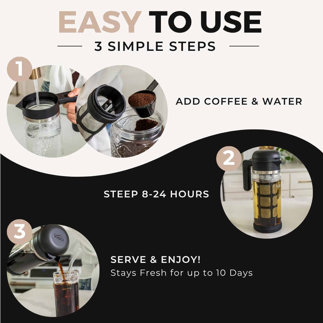 VINCI Cold Brew 360 vertedor fácil para servir sin goteos.