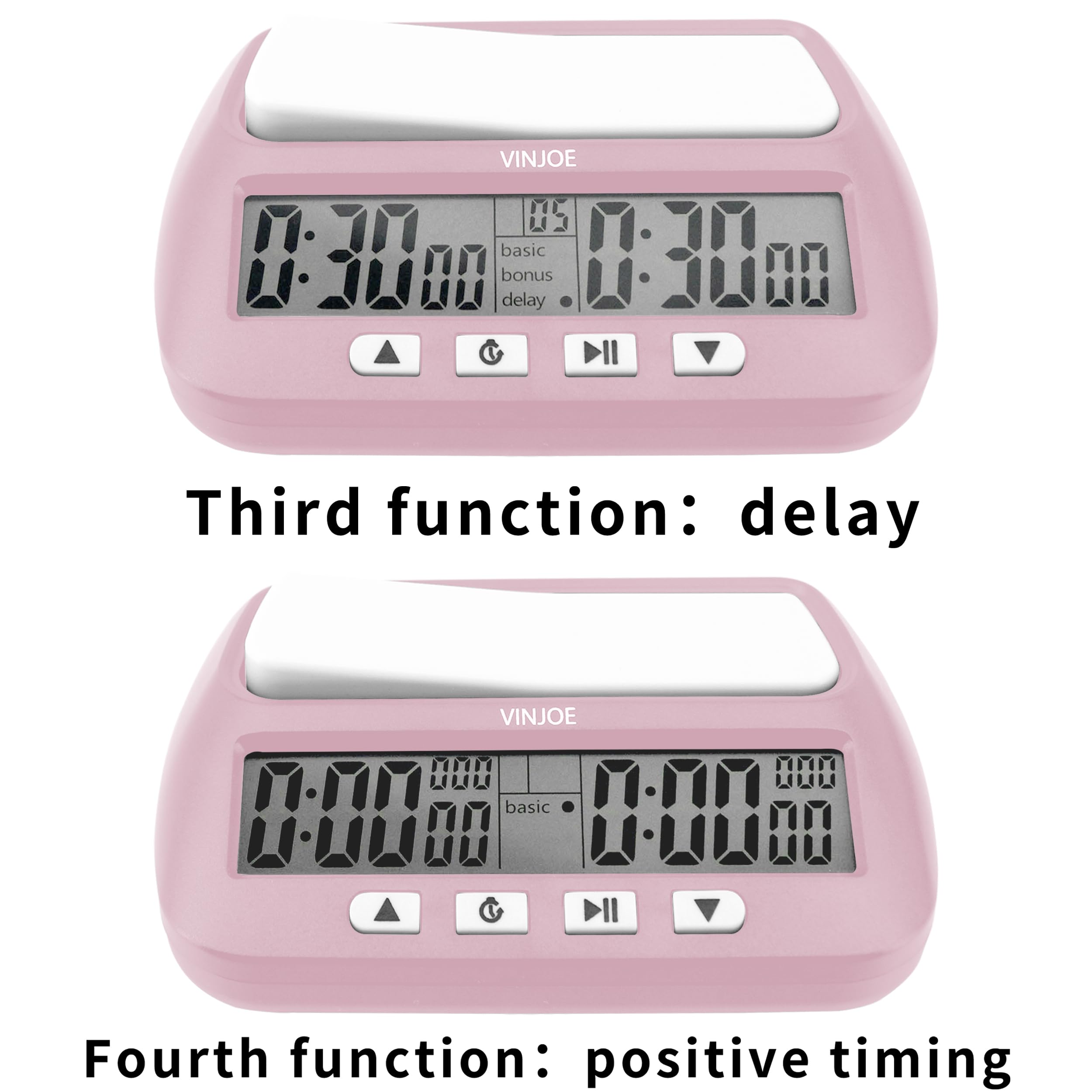 VINJOE reloj-ajedrez-digital-tiempo-positivo sugiere tiempo extra para jugadas intensas.