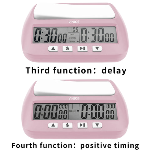 VINJOE reloj-ajedrez-digital-tiempo-positivo sugiere tiempo extra para jugadas intensas.