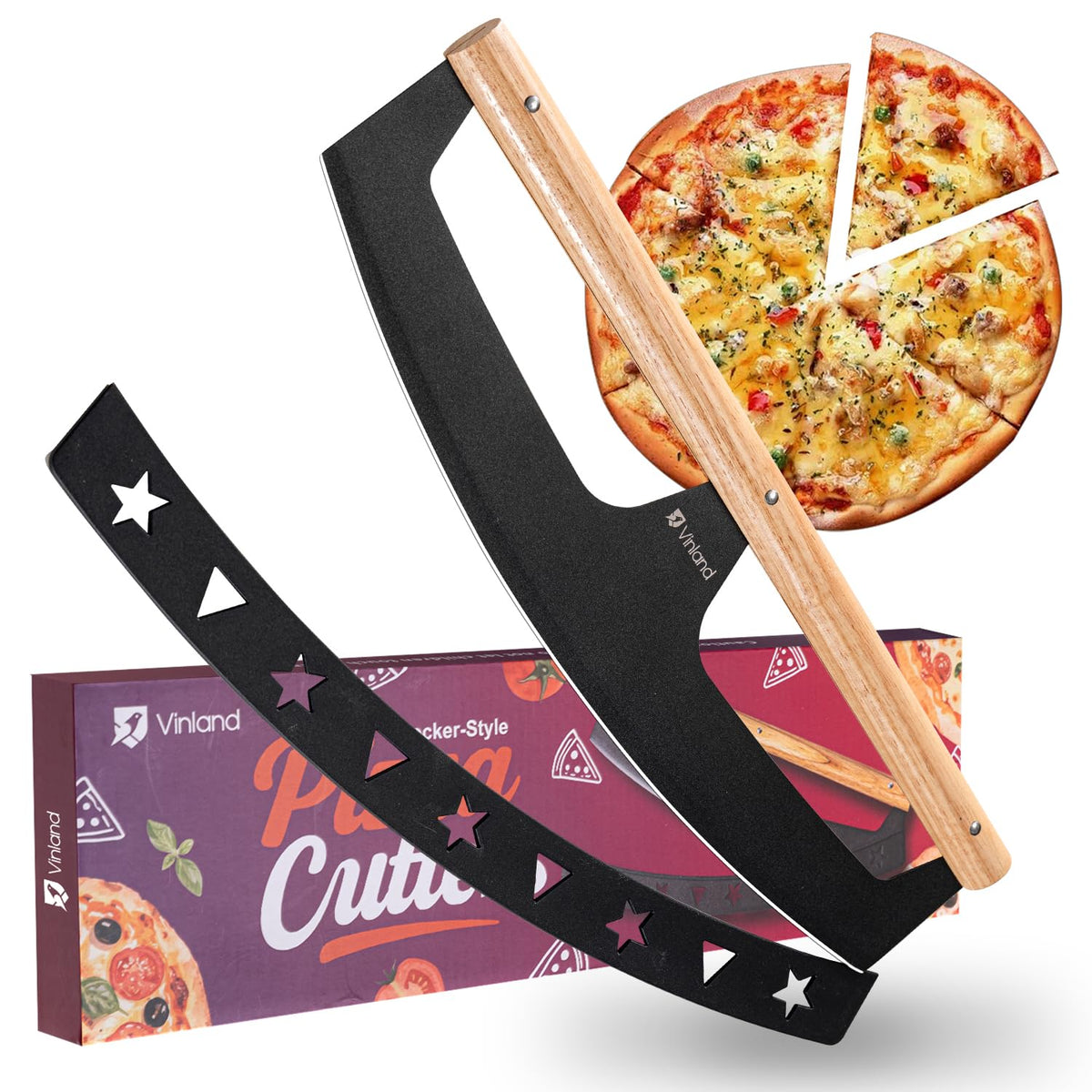 Vinland cortador pizza rocker 16 pulgadas, hoja 304 inoxidable, ofrece corte limpio en pizzas gruesas.