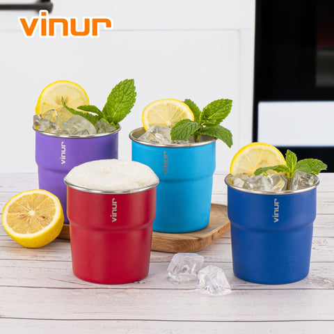 Copas VINUR 8 OZ, apilables y compactas, ideales para mochila y viaje.