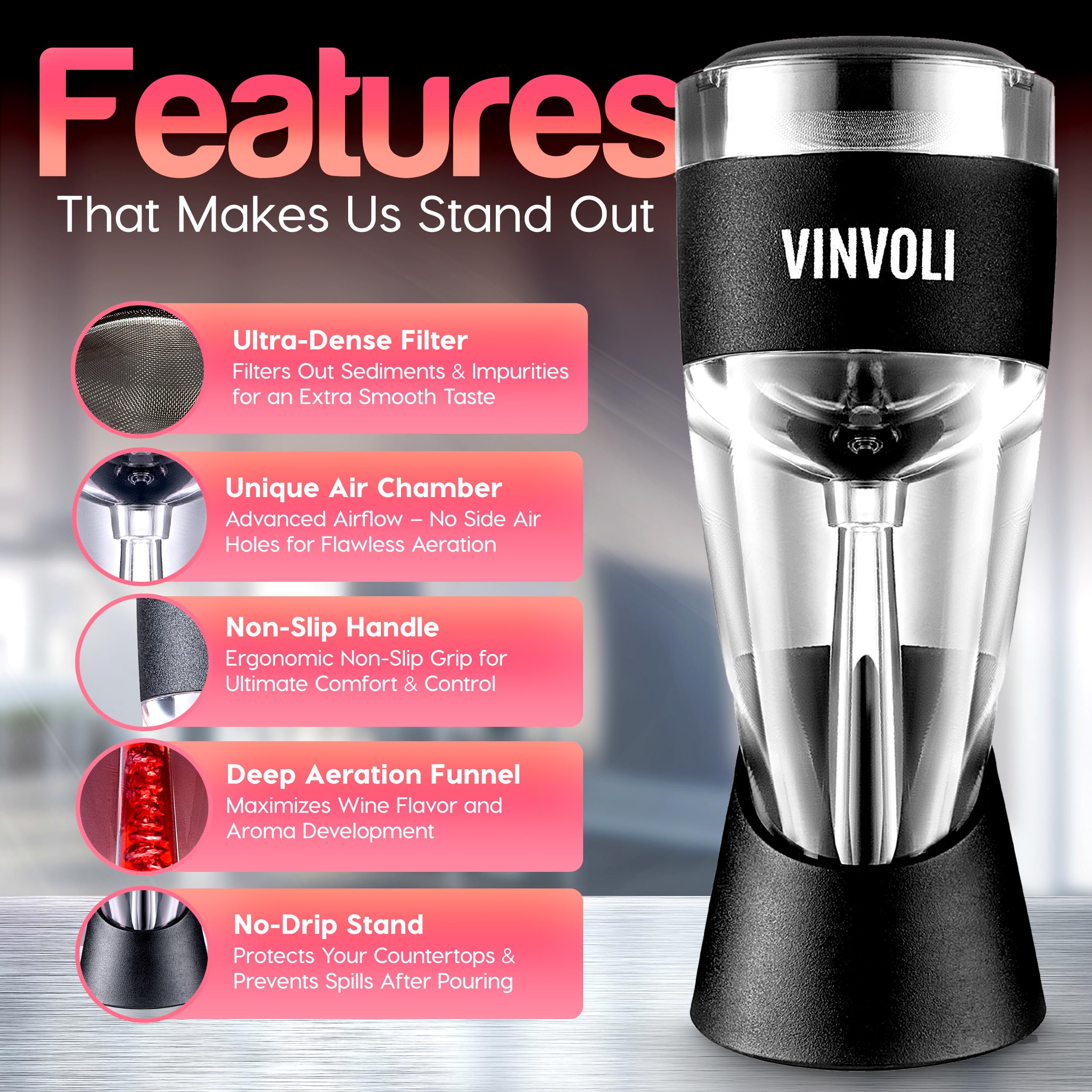 Vinvoli aerador de vino, diseño anti-goteo que evita derrames durante el vertido.