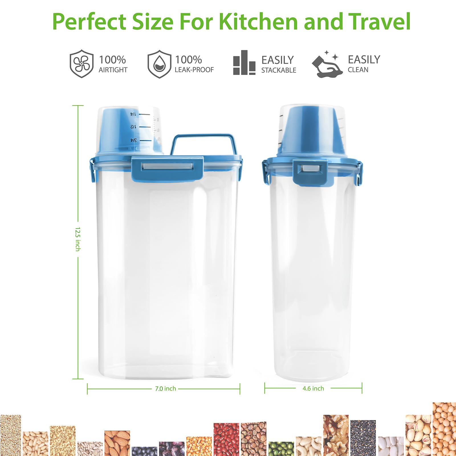 Viretec contenedor con taza medidora integrada para medir porciones con precisión.