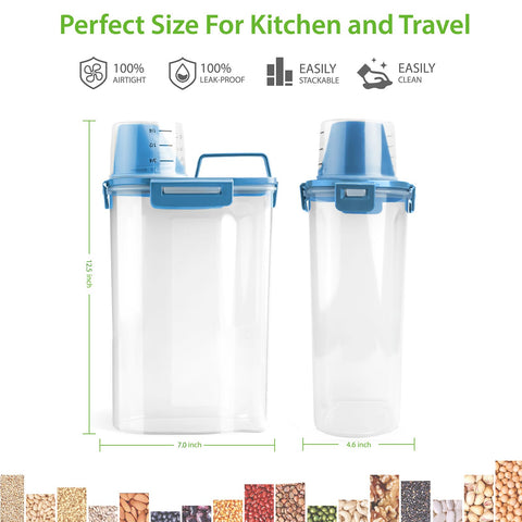 Viretec contenedor con taza medidora integrada para medir porciones con precisión.
