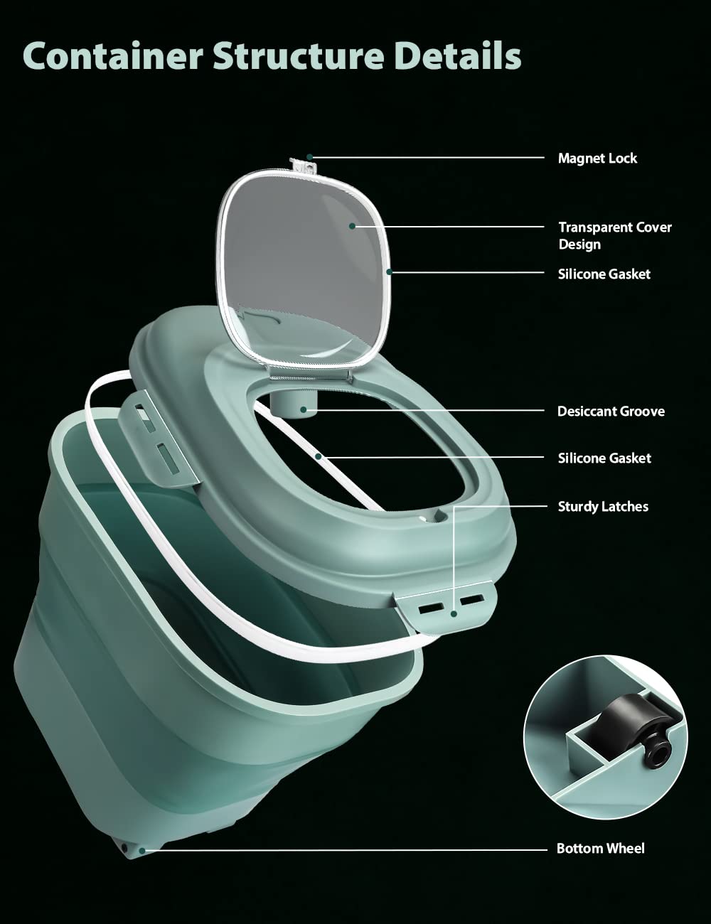Viretec contenedor alimento con tapa transparente y ruedas para mover fácilmente.