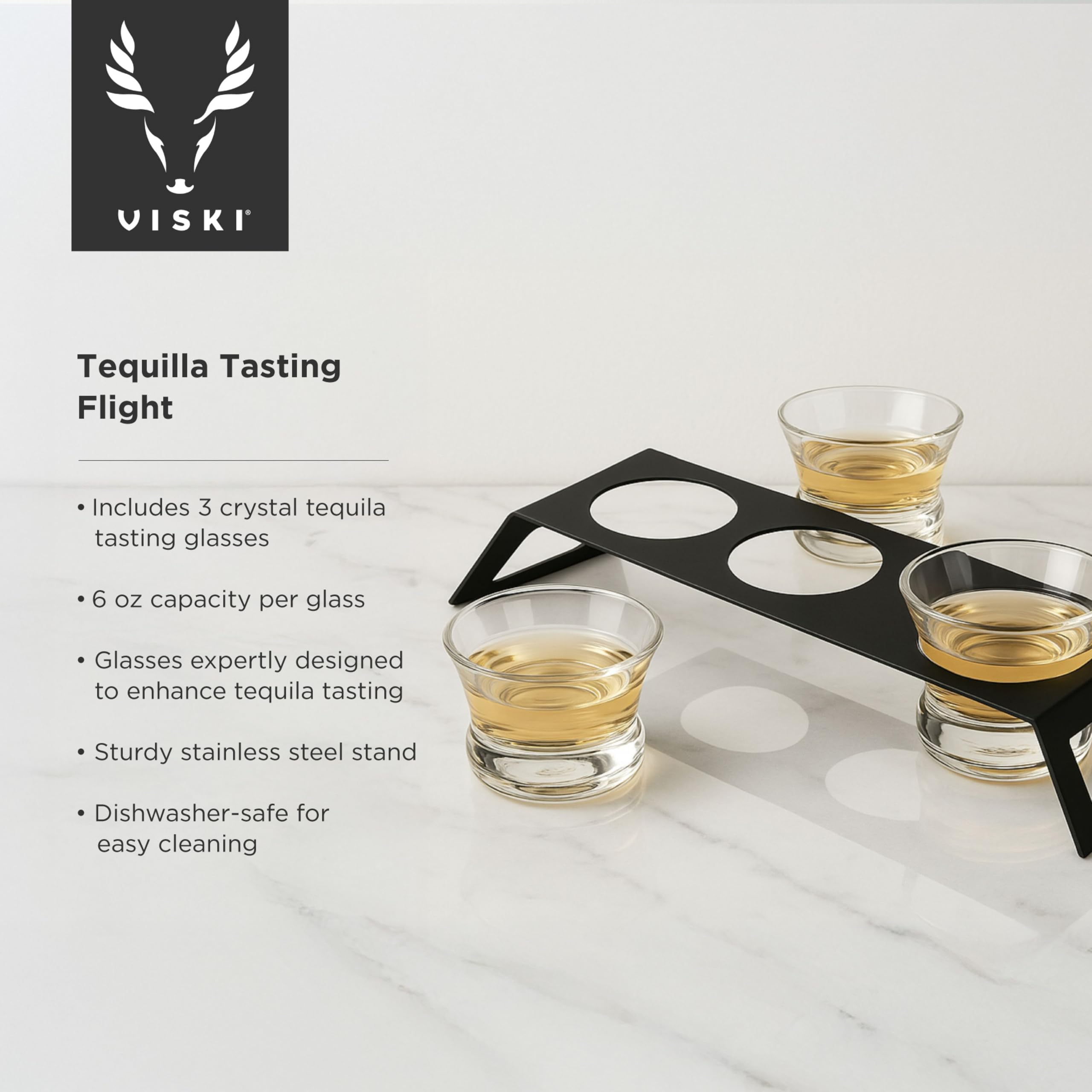 Base de acero inoxidable Viski sostiene tres vasos con estilo y orden