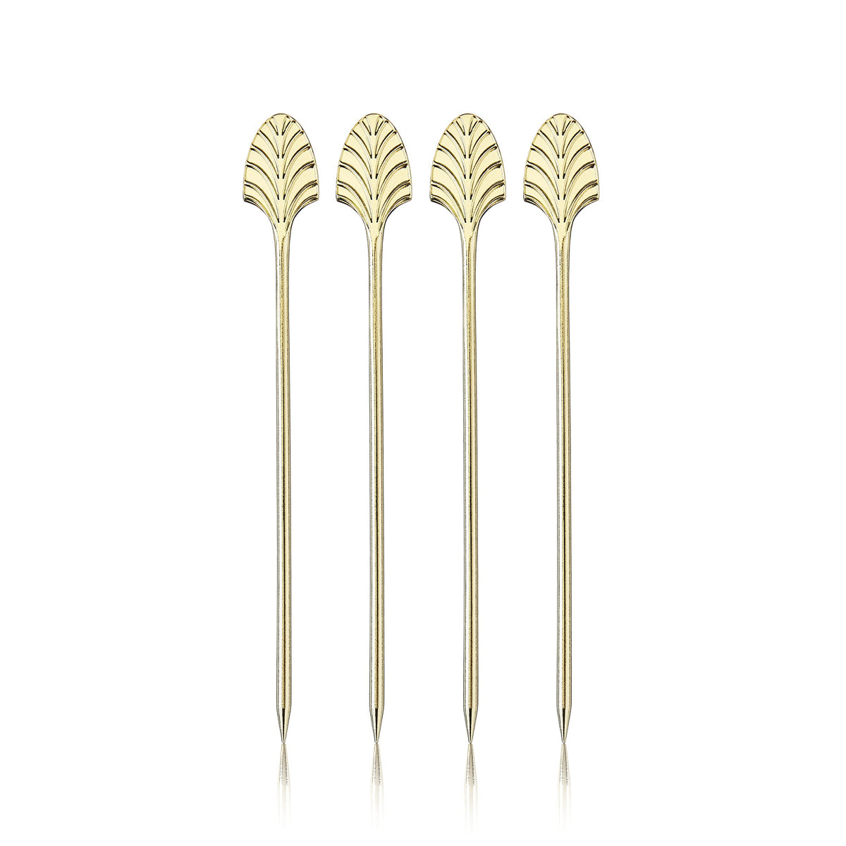 Viski palillos oro Art Déco para aceitunas, ideal para decorar martinis con estilo.