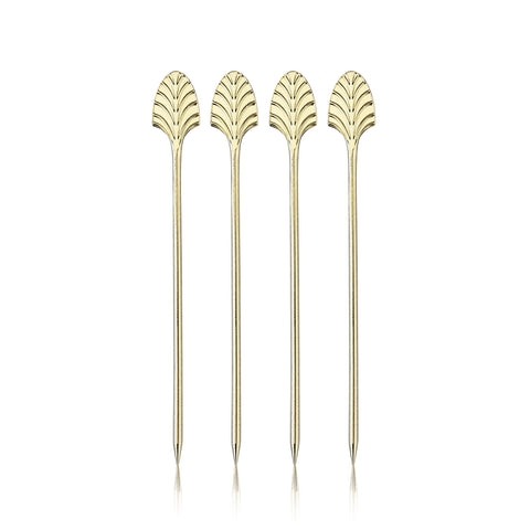 Viski palillos oro Art Déco para aceitunas, ideal para decorar martinis con estilo.
