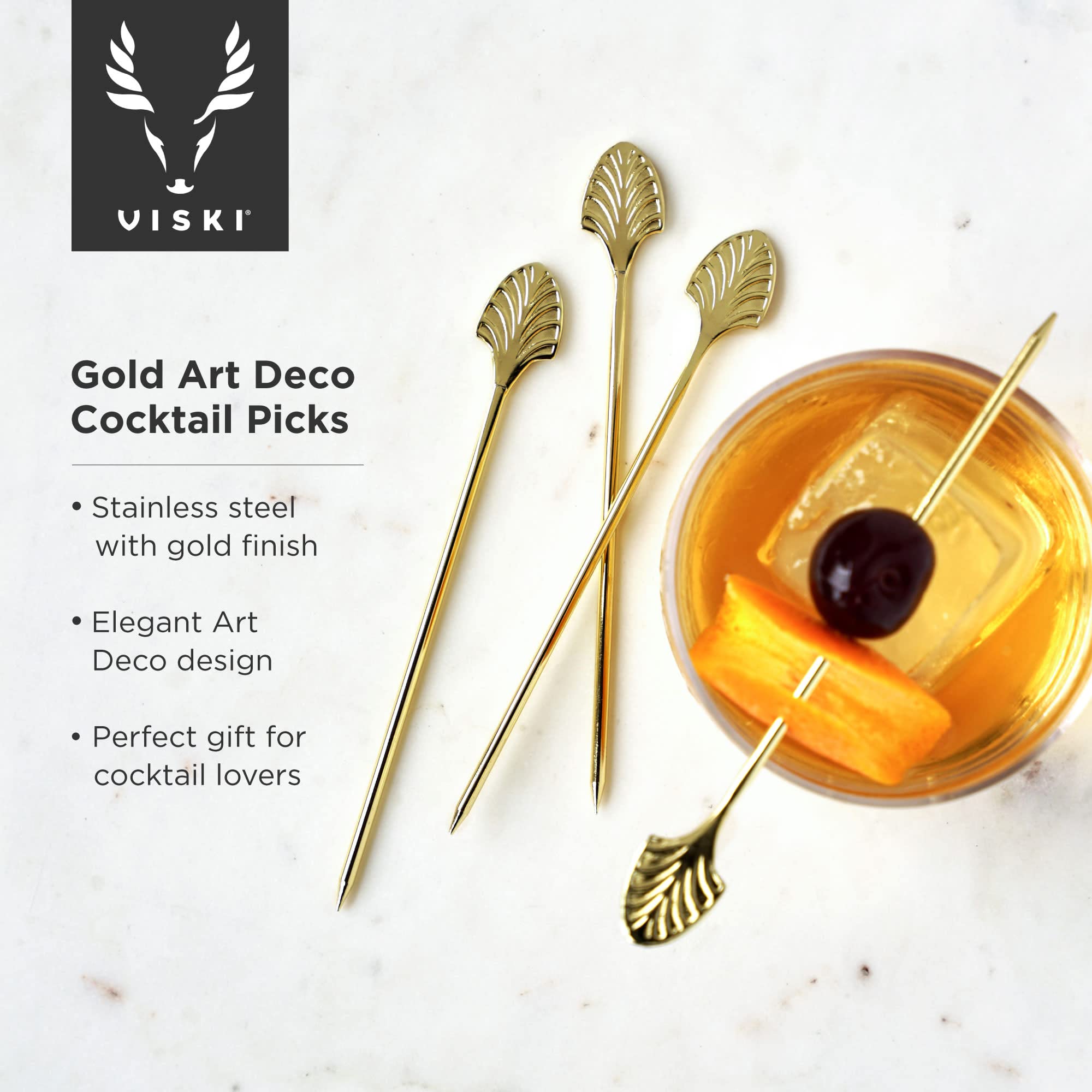 Viski palillos oro Art Déco para martini, mejora la presentación de tus cócteles.