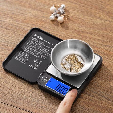 Vitafit balanza de bolsillo 500 g con botones de encendido y tara.