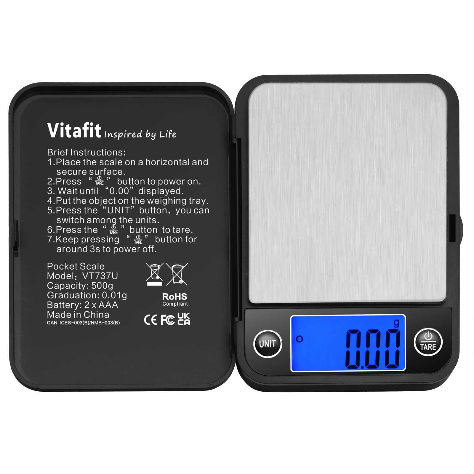 Vitafit balanza de bolsillo 500 g en frente del dispositivo para lectura rápida.