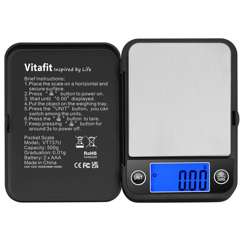 Vitafit balanza de bolsillo 500 g en frente del dispositivo para lectura rápida.
