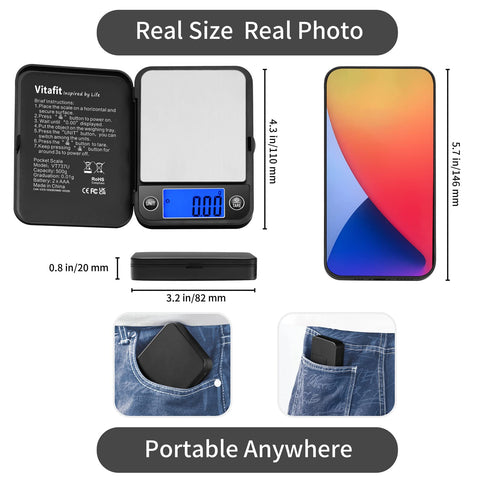 Vitafit balanza de bolsillo 500 g con pantalla LCD clara para lectura fácil.