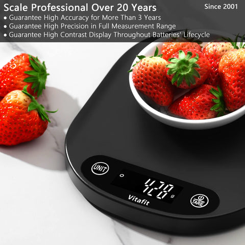 Vitafit pesa digital cocina con cuatro celdas de carga para precisión constante.