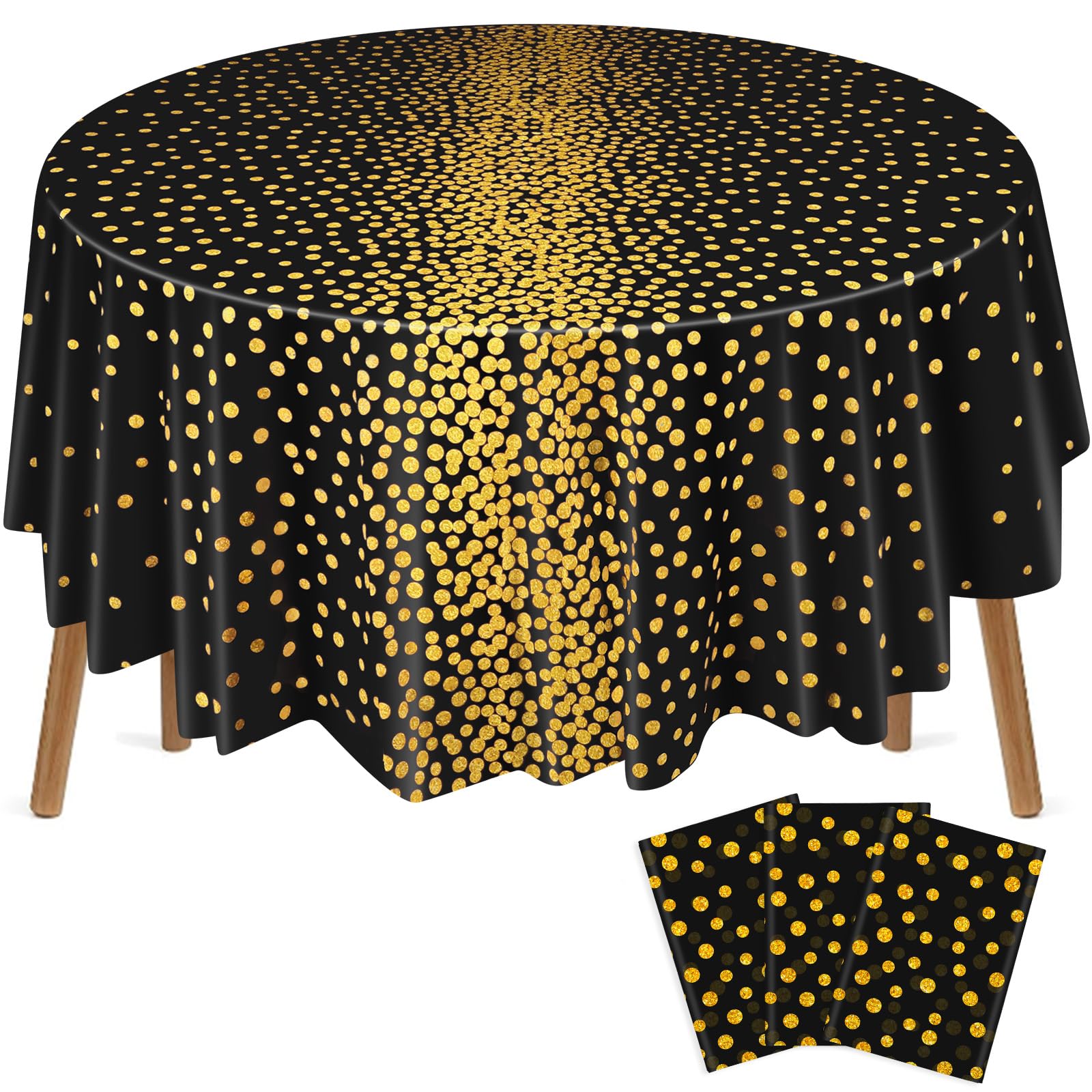 Mantel VitalCozy redondo con lunares negro dorado, ideal para cenas elegantes.