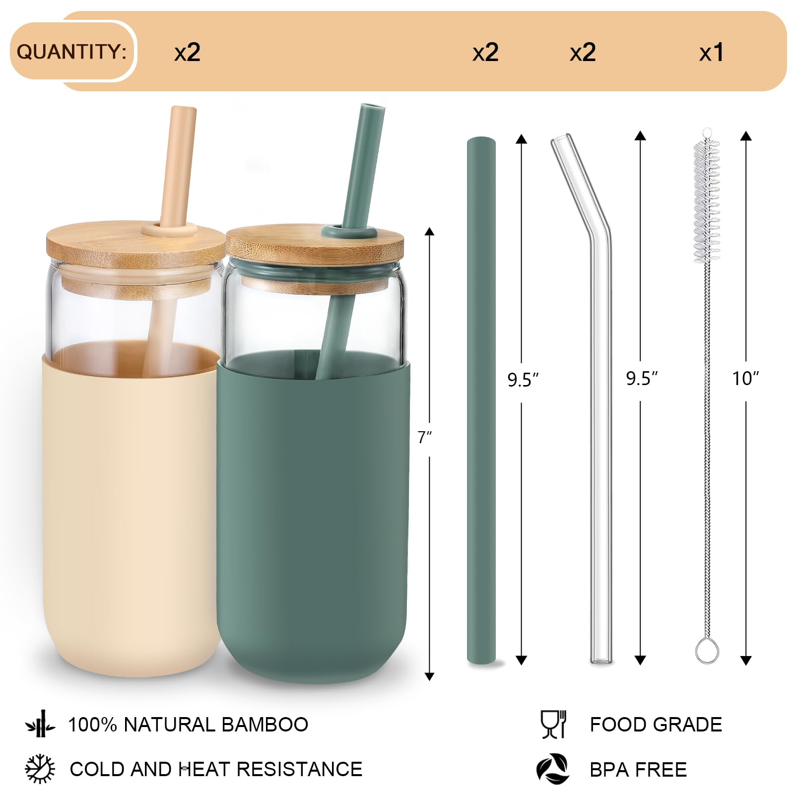 VITEVER vaso cristal 20oz con cubierta silicona Amber, fácil de distinguir y usar a diario.