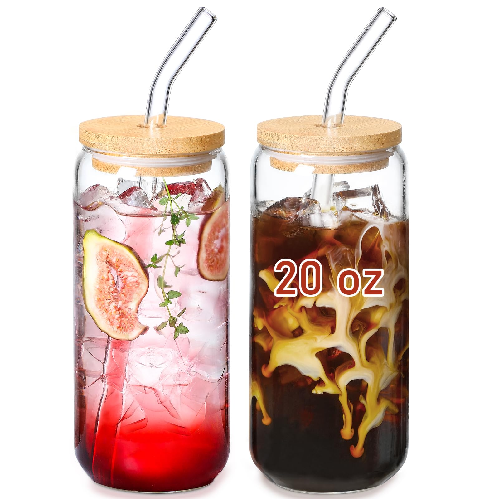 VITEVER vasos de cristal 20 onzas con tapas de bambú y pajilla; ideal para refrescos y café helado.